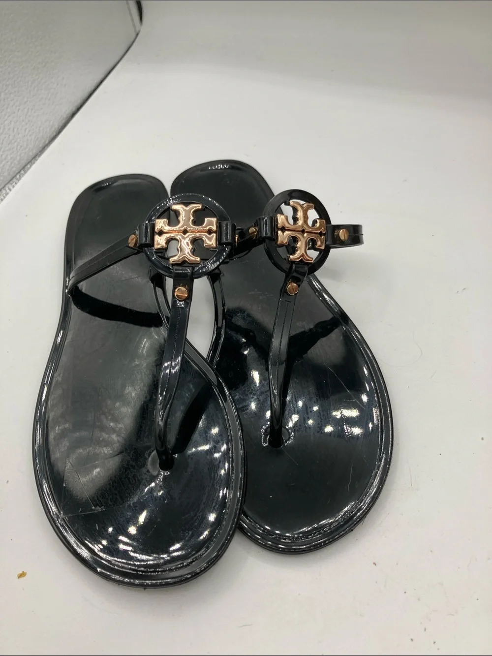 Tory Burch Black Patent Jelly Thong Sandals with Gold Logo
